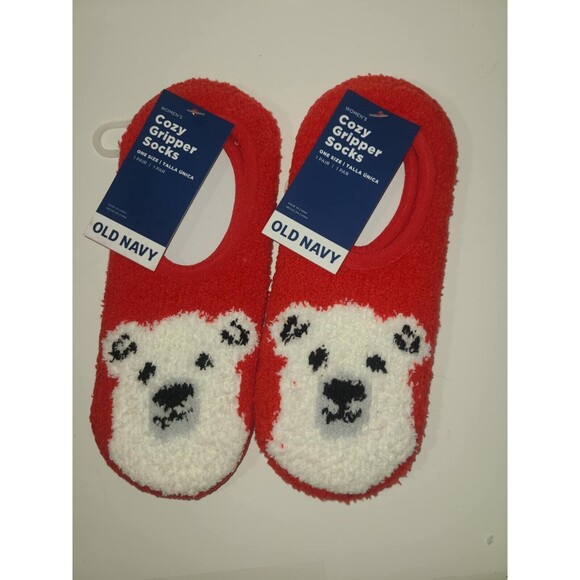 Old Navy NWT Woman's Winter Red Polar Bear CoZy Soft Gripper Slipper Socks - Picture 3 of 3